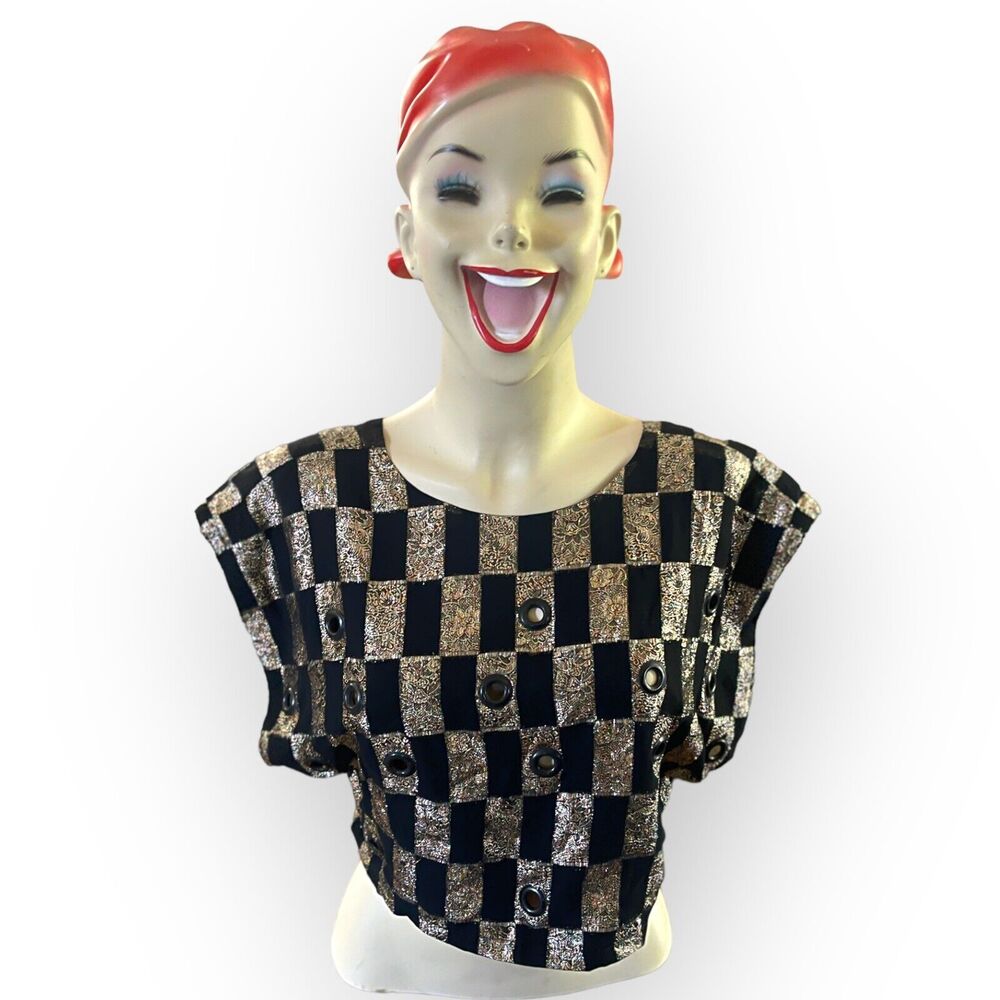 70s Black Boxy Top Rainbow Lurex Metallic Floral Checkered Grommets Reversible